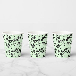 Birds on Cherry Blossoms Black on Mint Green Paper Cups