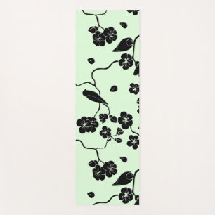 Birds on Cherry Blossoms Black on Mint Green Yoga Mat
