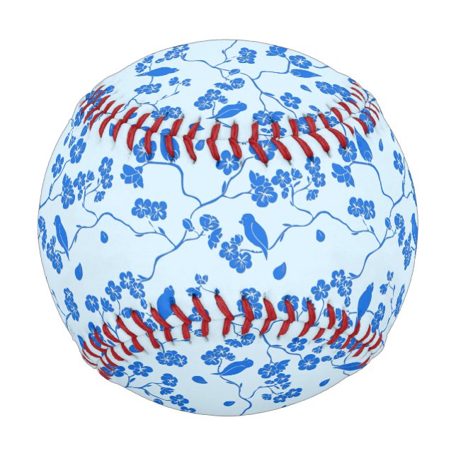 Birds on Cherry Blossoms Blue on Blue Baseball (Front)