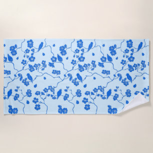 Birds on Cherry Blossoms Blue on Blue Beach Towel