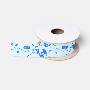 Birds on Cherry Blossoms Blue on Blue Satin Ribbon