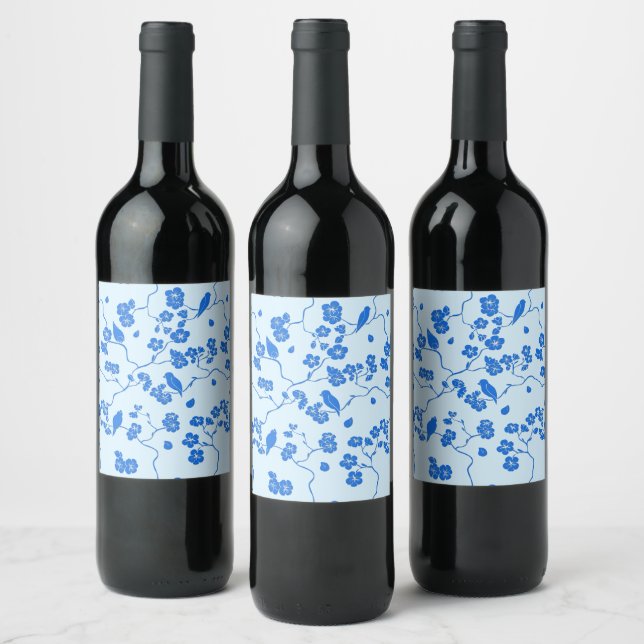 Birds on Cherry Blossoms Blue on Blue Wine Label (Bottles)