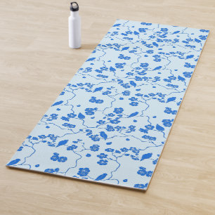 Birds on Cherry Blossoms Blue on Blue Yoga Mat