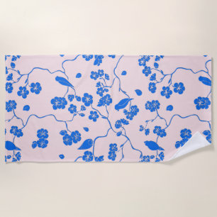 Birds on Cherry Blossoms Blue on Blush Beach Towel