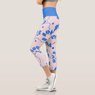 Birds on Cherry Blossoms Blue on Blush Capri Leggings