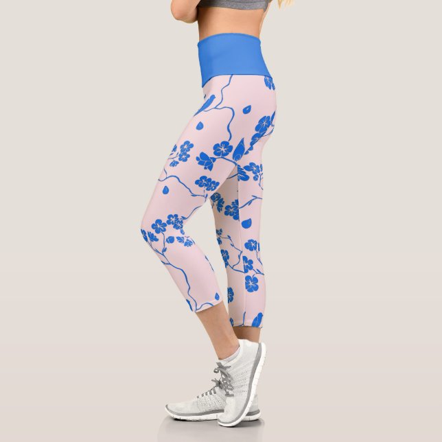 Birds on Cherry Blossoms Blue on Blush Capri Leggings (Left)