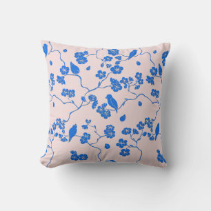 Birds on Cherry Blossoms Blue on Blush Cushion