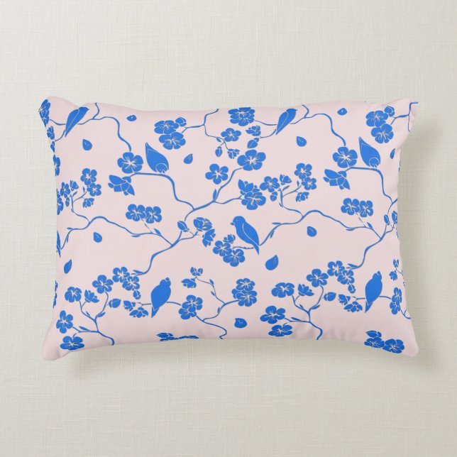 Birds on Cherry Blossoms Blue on Blush Decorative Cushion (Front)