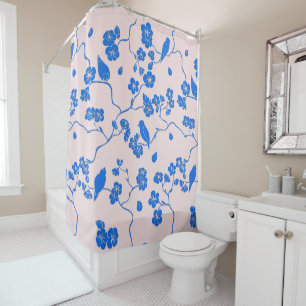 Birds on Cherry Blossoms Blue on Blush Shower Curtain