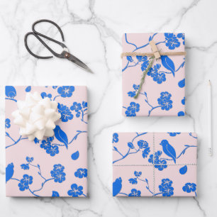 Birds on Cherry Blossoms Blue on Blush Wrapping Paper Sheet