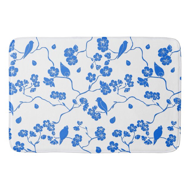 Birds on Cherry Blossoms Blue Print Bath Mat (Front)