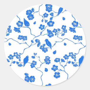 Birds on Cherry Blossoms Blue Print Classic Round Sticker