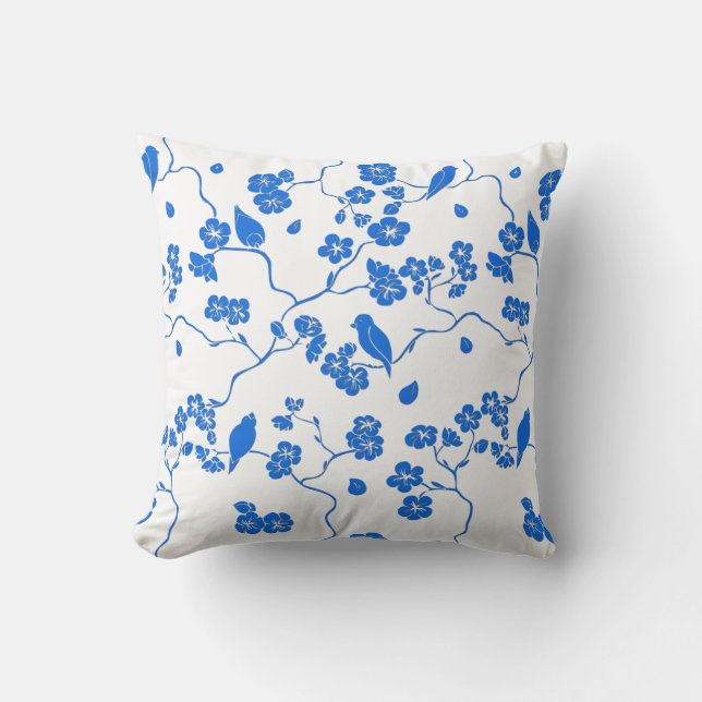 Birds on Cherry Blossoms Blue Print Cushion (Front)