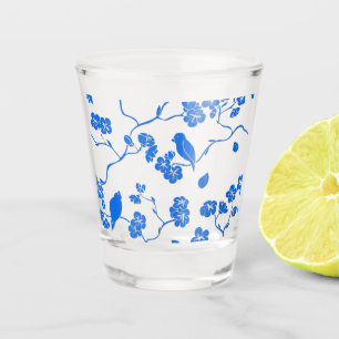 Birds on Cherry Blossoms Blue Print Shot Glass