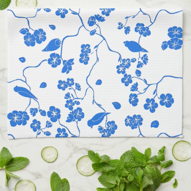 Birds on Cherry Blossoms Blue Print Tea Towel (Folded)