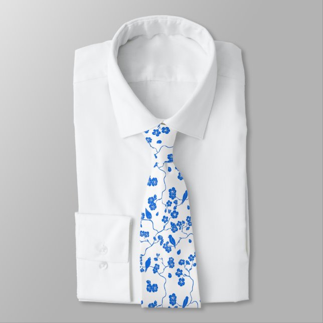 Birds on Cherry Blossoms Blue Print Tie (Tied)