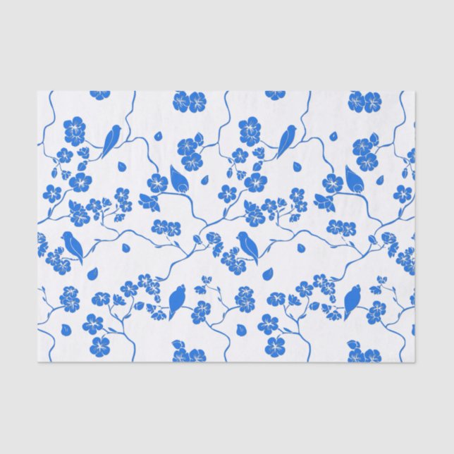 Birds on Cherry Blossoms Blue Print Tissue Paper (Front)