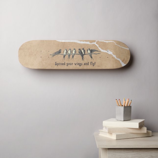 Birds on cracked surface, beige brown and text skateboard (Wall Art (Horz))