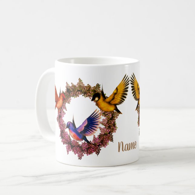 Birds On Flower Wreath Personalised Coffee Mug (Front Left)