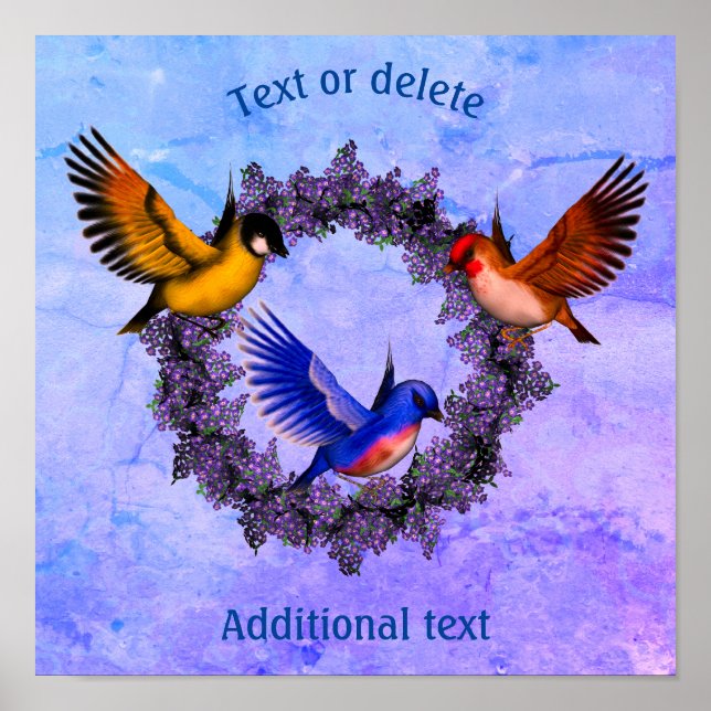 Birds On Purple Flower Wreath Personalised Poster (Front)