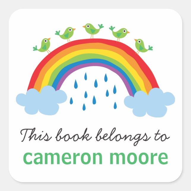 Birds on rainbow personalised bookplate book square sticker (Front)