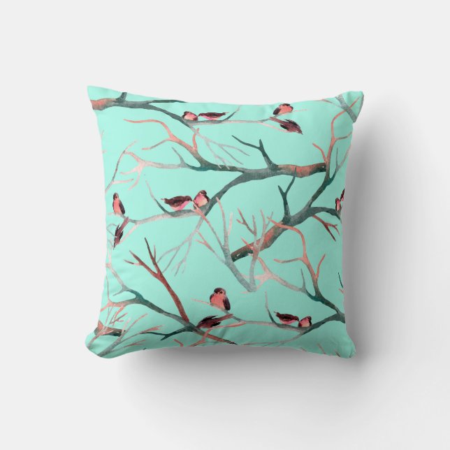 Birds on the tree branches watercolor hand painted cushion (Front)