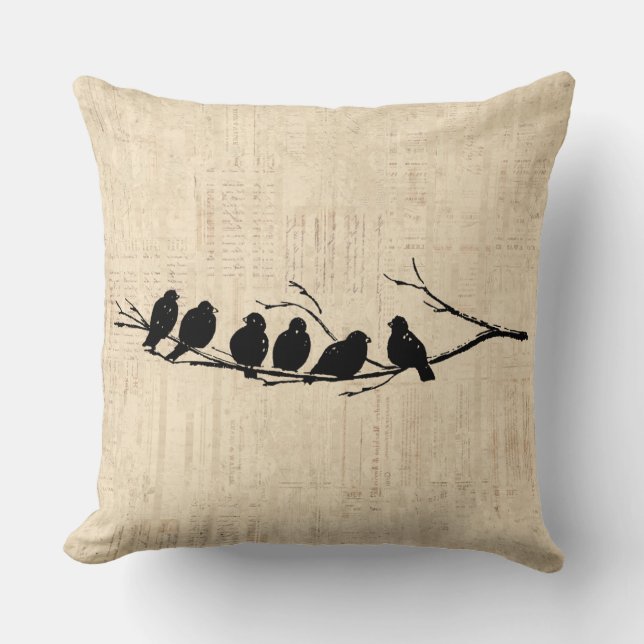 Birds on Tree Branch Vintage Bird Art Cushion (Front)