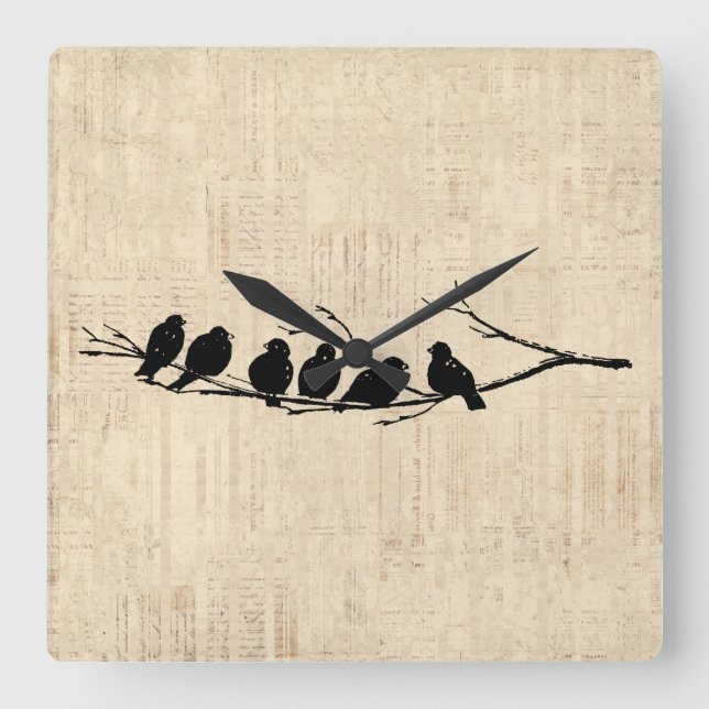 Birds on Tree Branch Vintage Bird Art Square Wall Clock (Front)