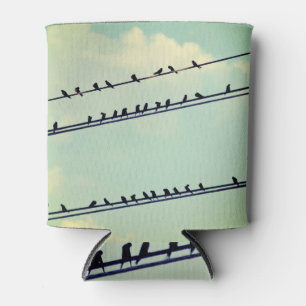 Birds on wires, vintage blue sky. can cooler