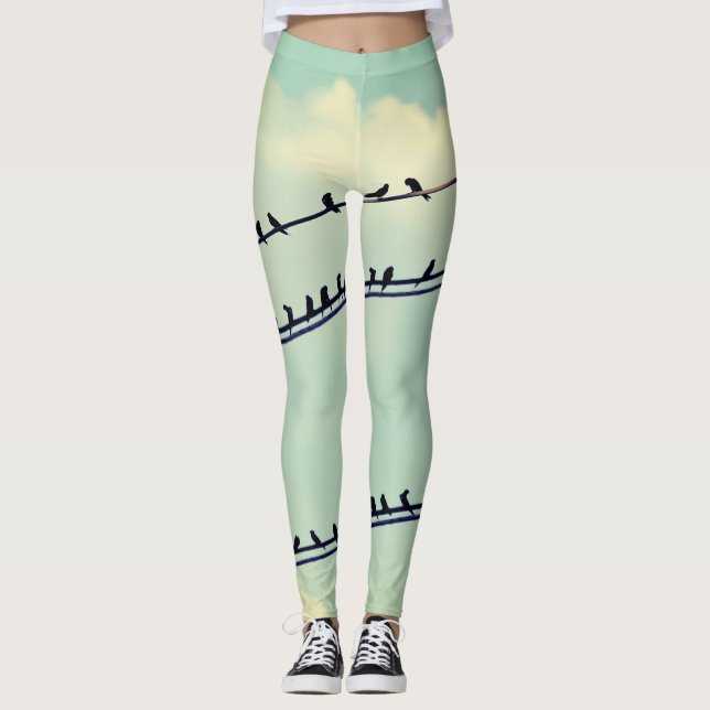 Birds on wires, vintage blue sky. leggings (Front)