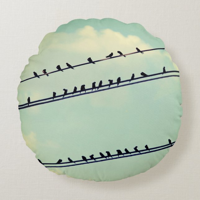 Birds on wires, vintage blue sky. round cushion (Front)