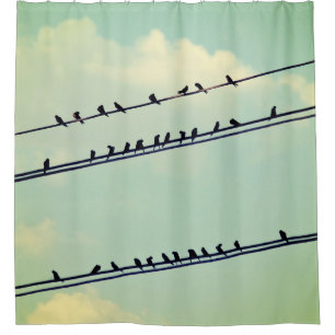 Birds on wires, vintage blue sky. shower curtain