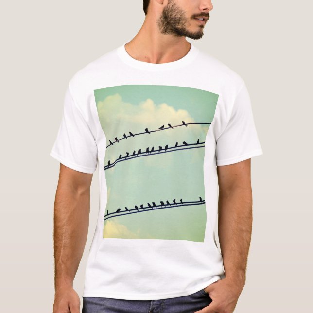 Birds on wires, vintage blue sky. T-Shirt (Front)