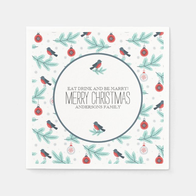 Birds & Ornaments Colourful Christmas Pattern Napkin (Front)