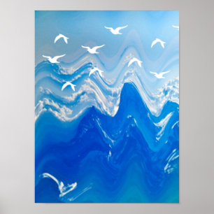 Birds over the Sea Waves Poster