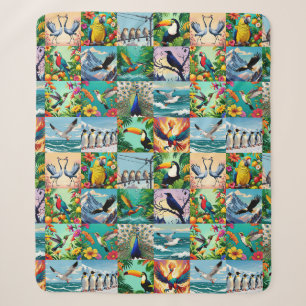 Birds Patchwork Pattern Sherpa Blanket