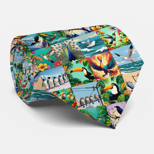 Birds Patchwork Pattern  Tie (Rolled)
