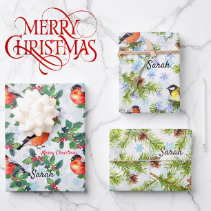 Birds Pine Trees Snow Add Name 3 Coordinates Wrapping Paper Sheet