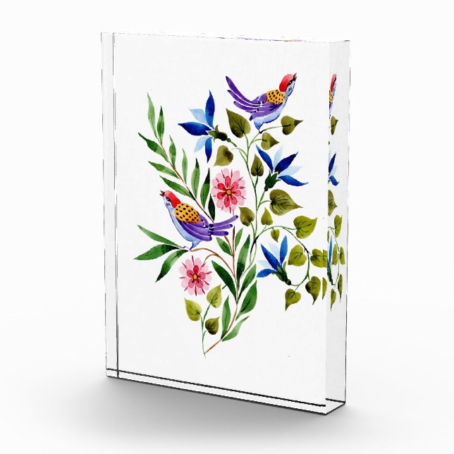 Birds Pink and Blue Flowers Watercolor  Photo Block (Right)