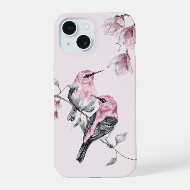 Birds & Pink Florals in Watercolor iPhone 15 Case (Back)