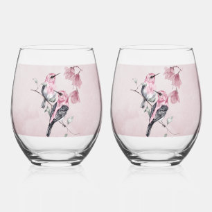 Birds & Pink Florals in Watercolor Stemless Wine Glass