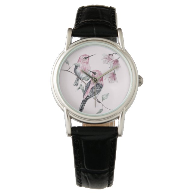 Birds & Pink Florals in Watercolor Watch (Front)