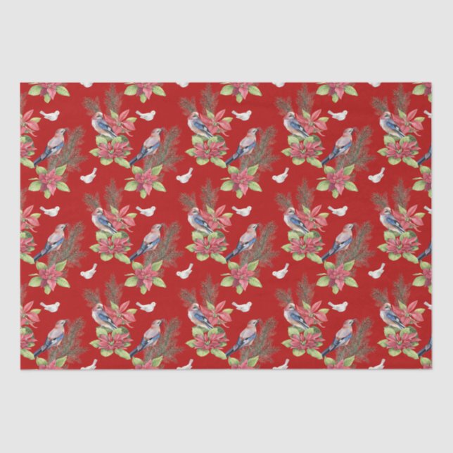 Birds, Poinsettias, Spruce Custom Colour Tissue Paper (Front)