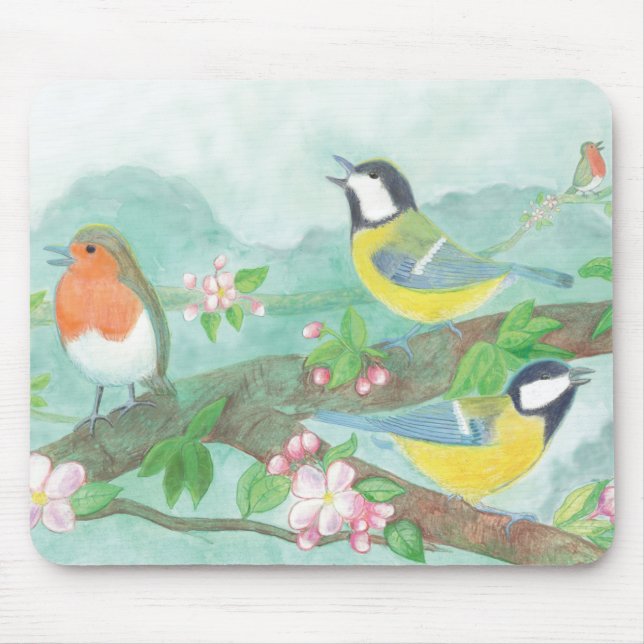 Birds sing on a blossoming tree branch in spring  mouse pad (Front)