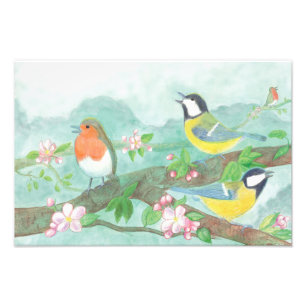 Birds sing on a blossoming tree branch in spring photo print