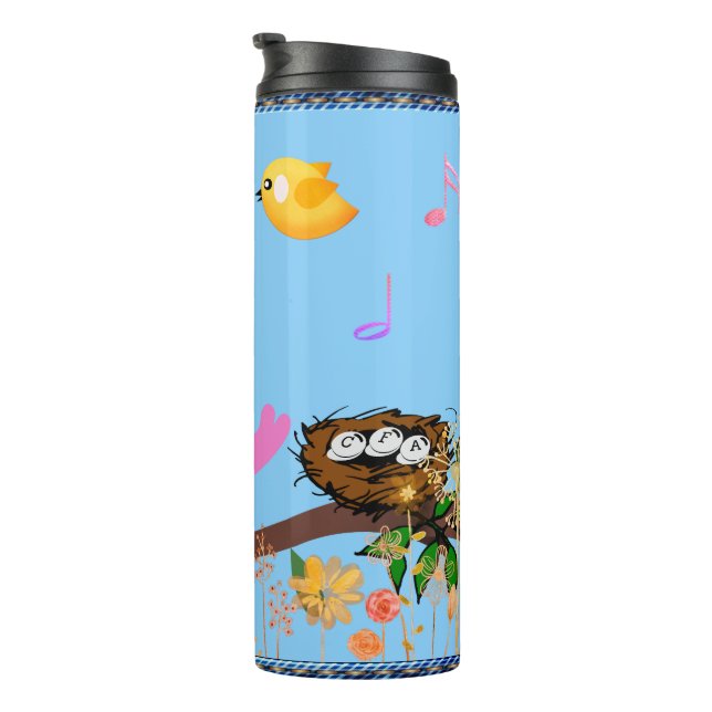 Birds Singing Fun (w/ initials) Thermal Tumbler (Rotated Right)