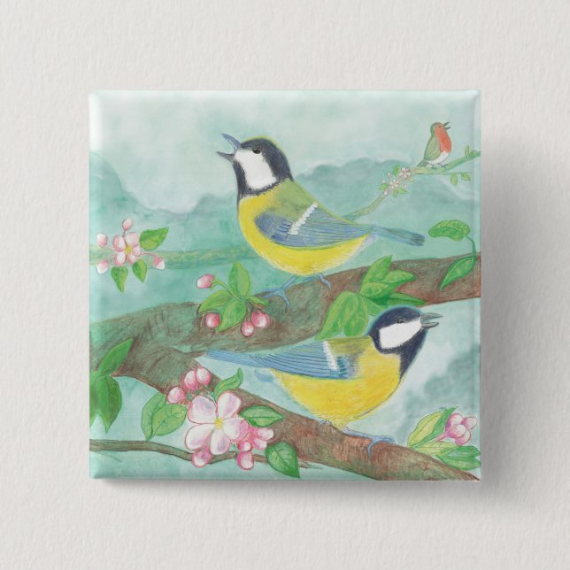 Birds singing on a blossoming tree branch  15 cm square badge (Front)