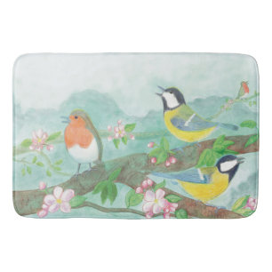 Birds singing on a blossoming tree branch  bath mat