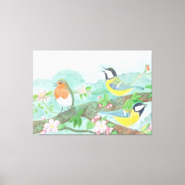 Birds singing on a blossoming tree branch  canvas print (Front)