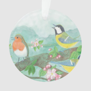 Birds singing on a blossoming tree branch glass o ornament